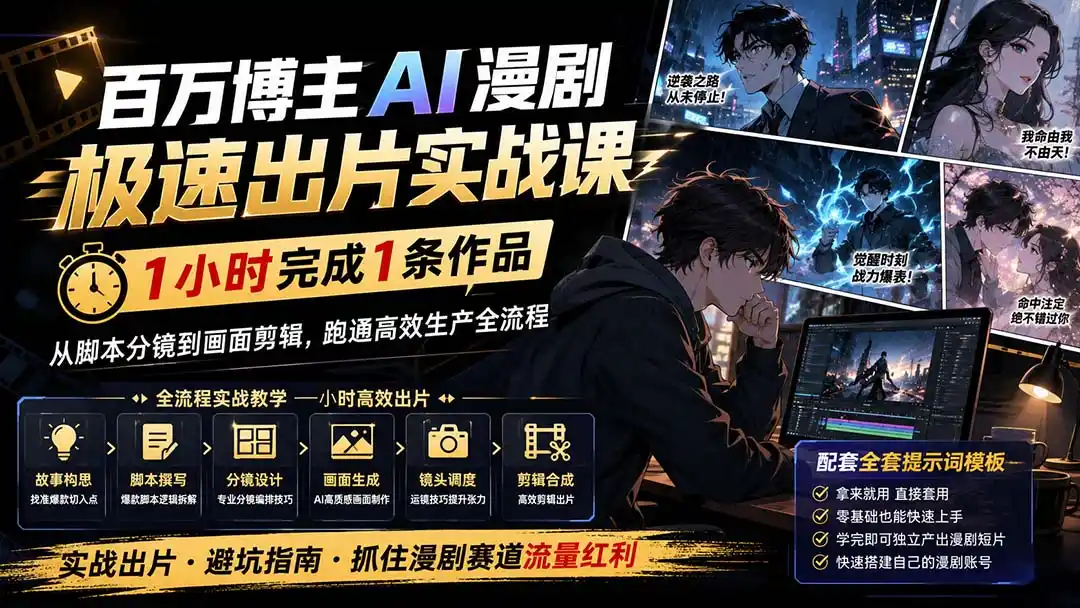 百万博主AI漫剧极速出片实战课:1小时产出条作品,从脚本分镜到画面剪辑,跑通高效生产全流程-聚力云网创