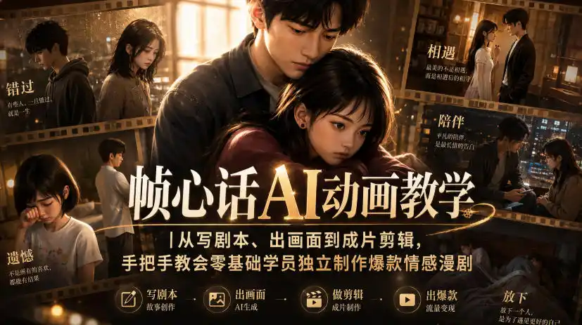 帧心话AI动画教学｜从写剧本、出画面到成片剪辑，手把手教会零基础学员独立制作爆款情感漫剧-聚力云网创