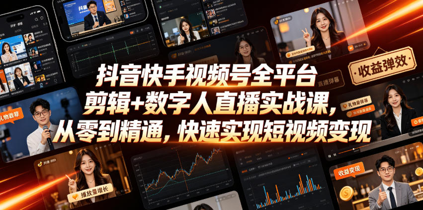 抖音快手视频号全平台剪辑+数字人直播实战课，从零到精通，快速实现短视频变现(更新2026年6月)-聚力云网创