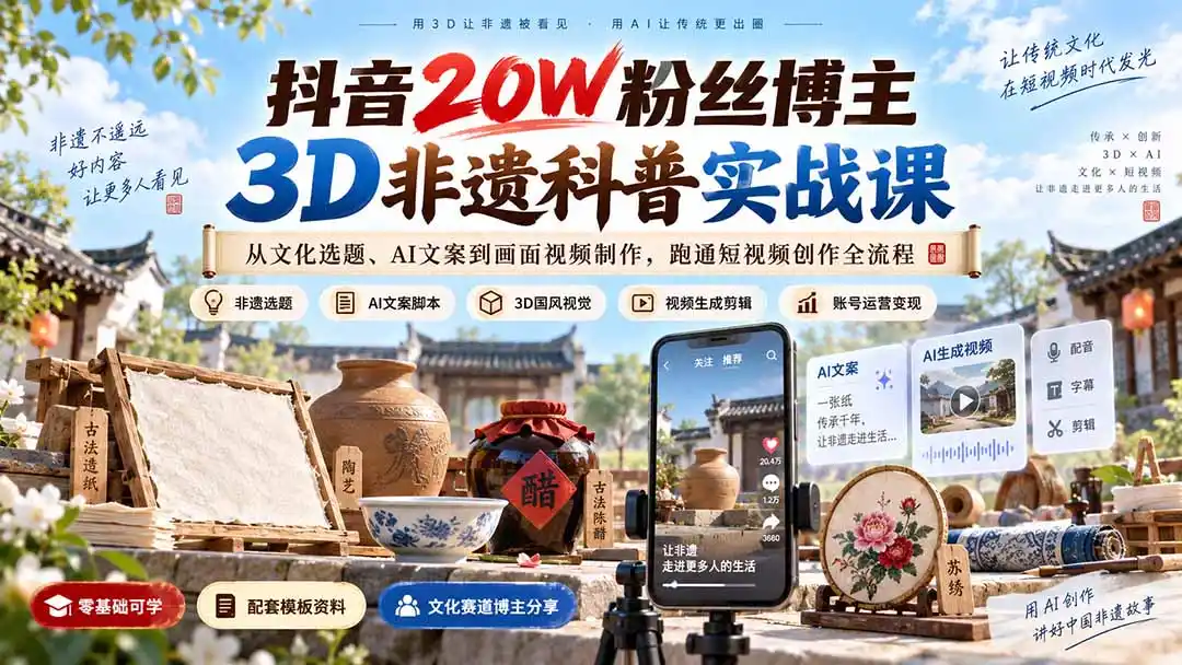 抖音20W粉丝博主3D非遗科普实战课：从文化选题、AI文案到画面视频制作，跑通短视频创作全流程-聚力云网创