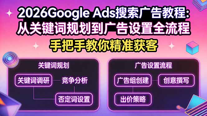 2026Google Ads搜索广告教程：从关键词规划到广告设置全流程，手把手教你精准获客-聚力云网创