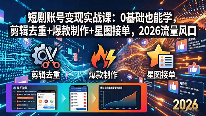 短剧账号变现实战课：0基础也能学，剪辑去重+爆款制作+星图接单，2026流量风口-聚力云网创