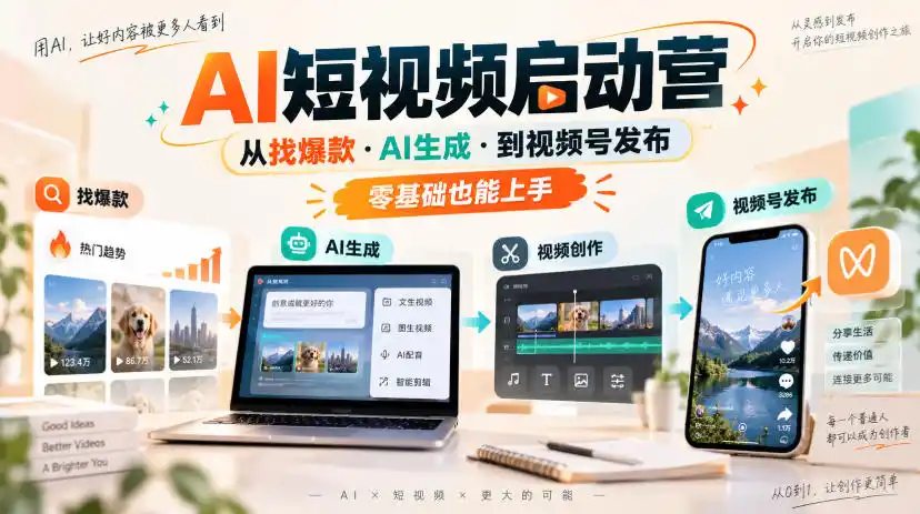 AI短视频启动营,从找爆款·AI生成·到视频号发布,零基础也能上手-聚力云网创
