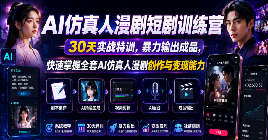 AI仿真人漫剧短剧训练营，30天实战特训，暴力输出成品，快速掌握全套AI仿真人漫剧创作与变现能力-聚力云网创