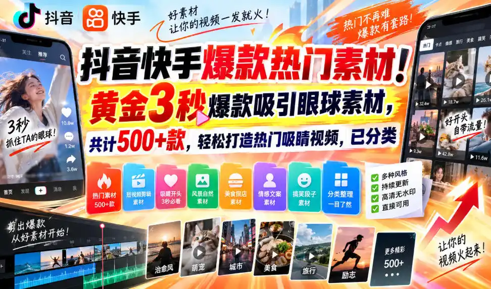 抖音快手爆款热门素材！黄金3秒爆款吸引眼球素材，共计500+款，轻松打造热门吸睛视频，已分类-聚力云网创