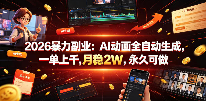 2026暴力副业：AI动画全自动生成，一单上千，月稳2W，永久可做【揭秘】-聚力云网创