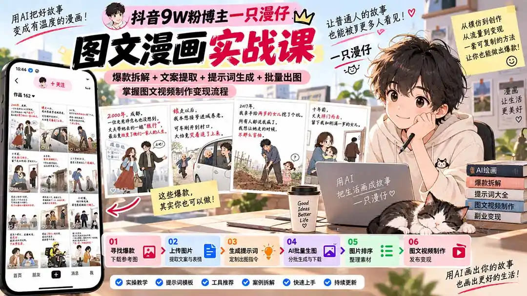 抖音9W粉博主一只漫仔图文漫画课：爆款拆解+文案提取+提示词生成+批量出图，掌握图文视频制作变现流程-聚力云网创