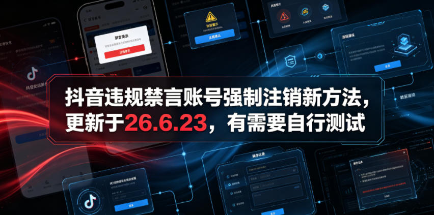 抖音违规禁言账号强制注销新方法，更新于26.6.23，有需要自行测试-聚力云网创