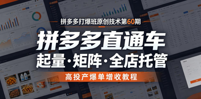 拼多多打爆班原创技术第60期，拼多多直通车，起量・矩阵・全店托管，高投产爆单增收教程-聚力云网创