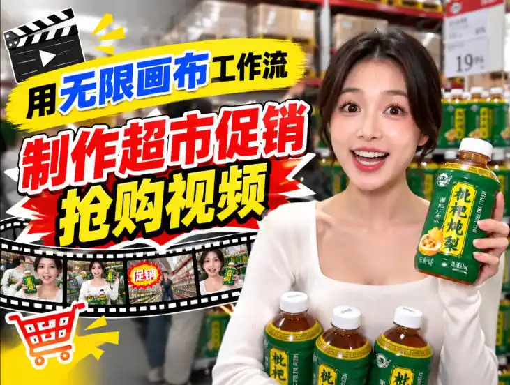 无限画布超市促销抢购视频工作流,一键产出TikTok抖音带货短视频-聚力云网创
