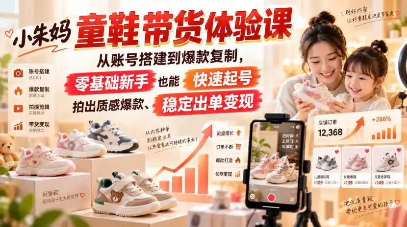 小朱妈童鞋带货体验课，从账号搭建到爆款复制，零基础新手也能快速起号、拍出质感爆款、稳定出单变现-聚力云网创