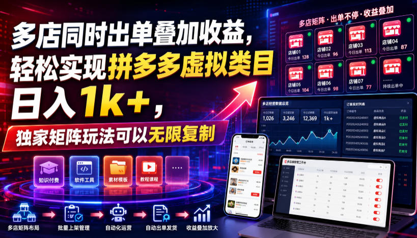 多店同时出单叠加收益，轻松实现拼多多虚拟类目日入1k+，独家矩阵玩法可以无限复制【揭秘】-聚力云网创
