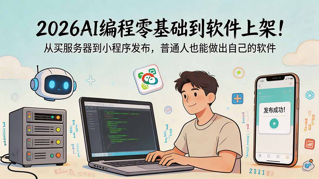 2026AI编程零基础到软件上架！从买服务器到小程序发布，普通人也能做出自己的软件-聚力云网创