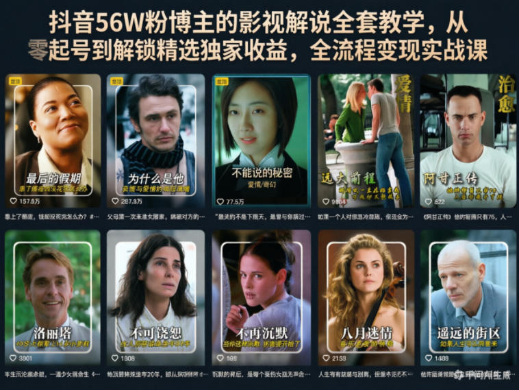 抖音56W粉博主的影视解说全套教学，从零起号到解锁精选独家收益，全流程变现实战课-聚力云网创