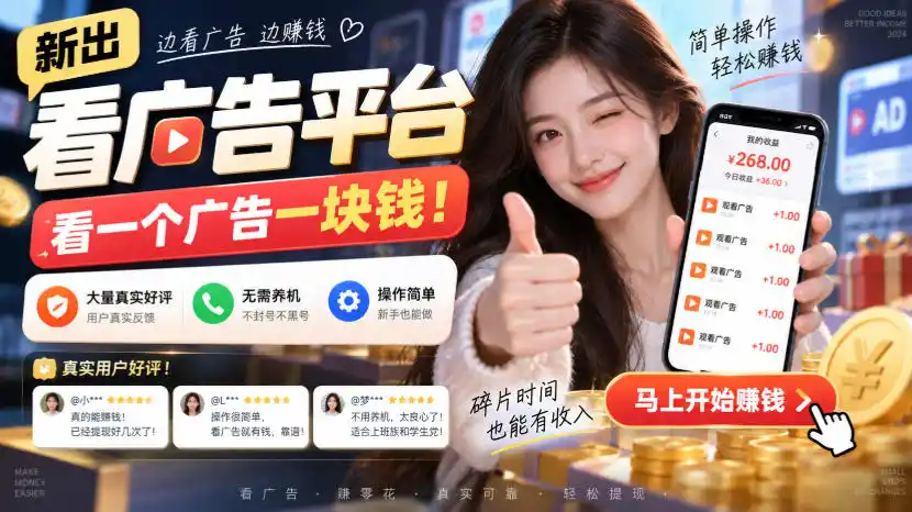 新出看广告平台,看一个广告一块钱,大量真实好评!无需养机、不会黑号,操作简单【揭秘】-聚力云网创