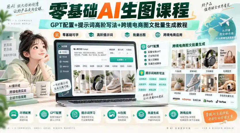 零基础AI生图课程，GPT配置+提示词高阶写法+跨境电商图文批量生成教程-聚力云网创