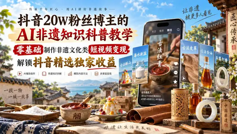 抖音20W粉丝博主的AI非遗知识科普教学,零基础制作非遗文化类短视频变现,解锁抖音精选独家收益-聚力云网创