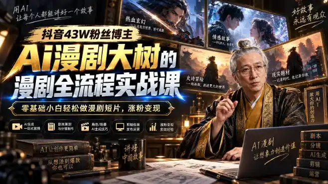 抖音43W粉丝博主Ai漫剧大树的漫剧制作全流程实战课,零基础小白轻松做漫剧短片,涨粉变现-聚力云网创