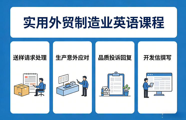 实用外贸制造业英语课程,教你专业处理送样请求、应对生产意外、回复品质投诉、撰写开发信等-聚力云网创