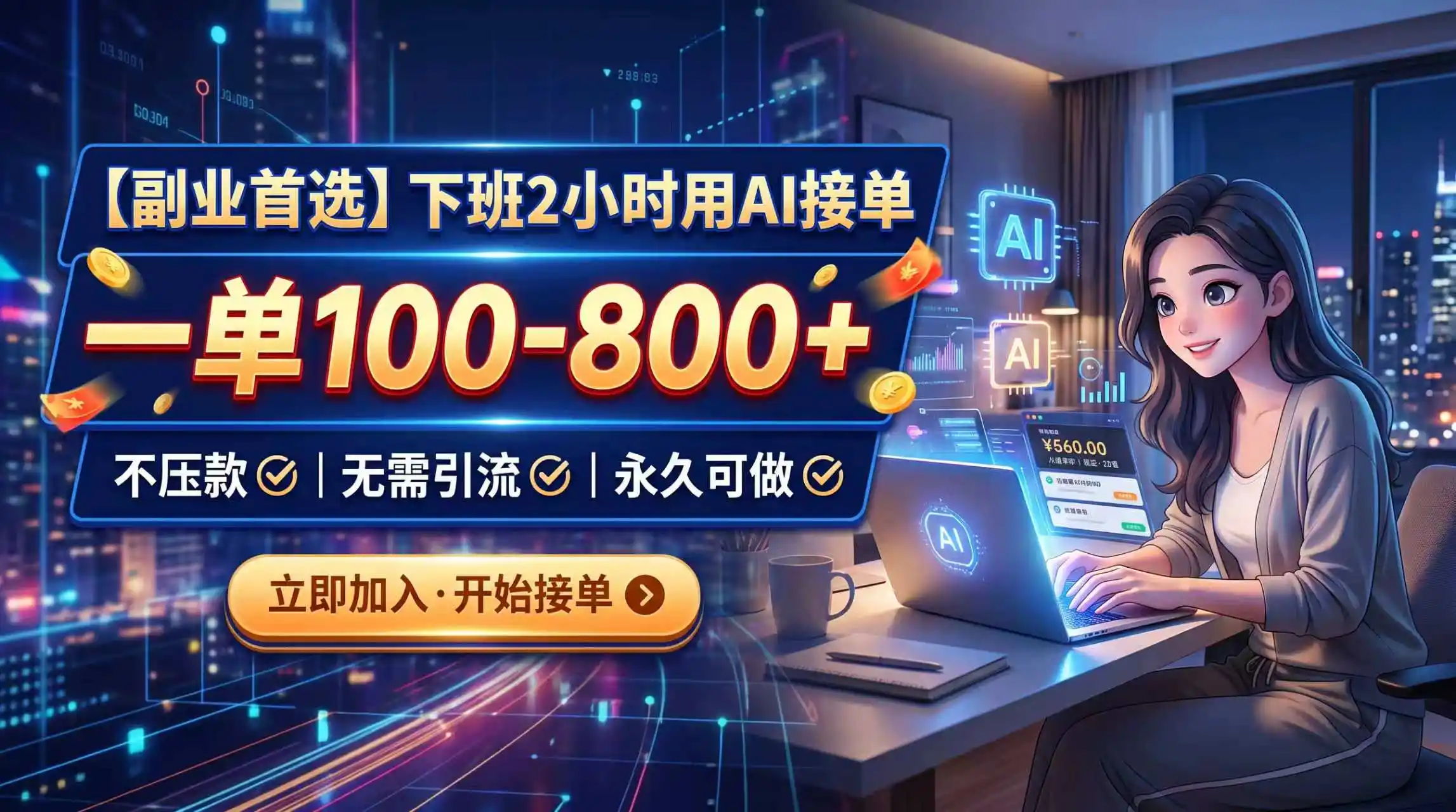 下班2小时用AI接单,一单100-800+,不压款,无需引流,永久可做-聚力云网创