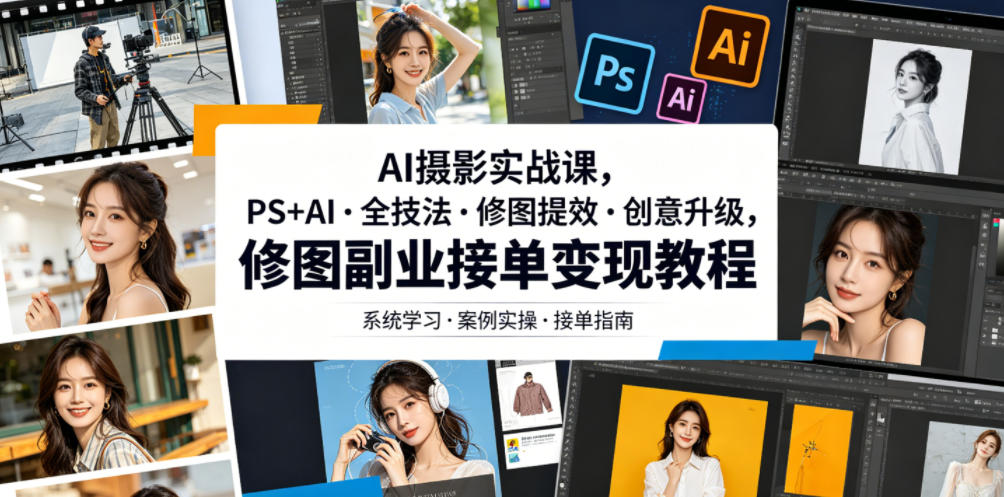 AI摄影实战课，PS+AI・全技法・修图提效・创意升级，修图副业接单变现教程-聚力云网创