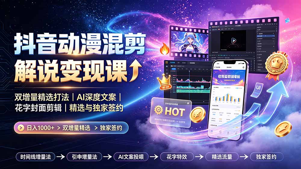 抖音动漫混剪解说变现课:双增量精选打法|AI深度文案|花字封面剪辑| 精选与独家签约日入1000+