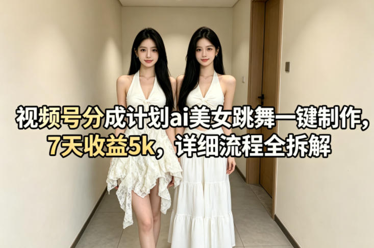 视频号分成计划ai美女跳舞一键制作，7天收益5k，详细流程全拆解-聚力云网创