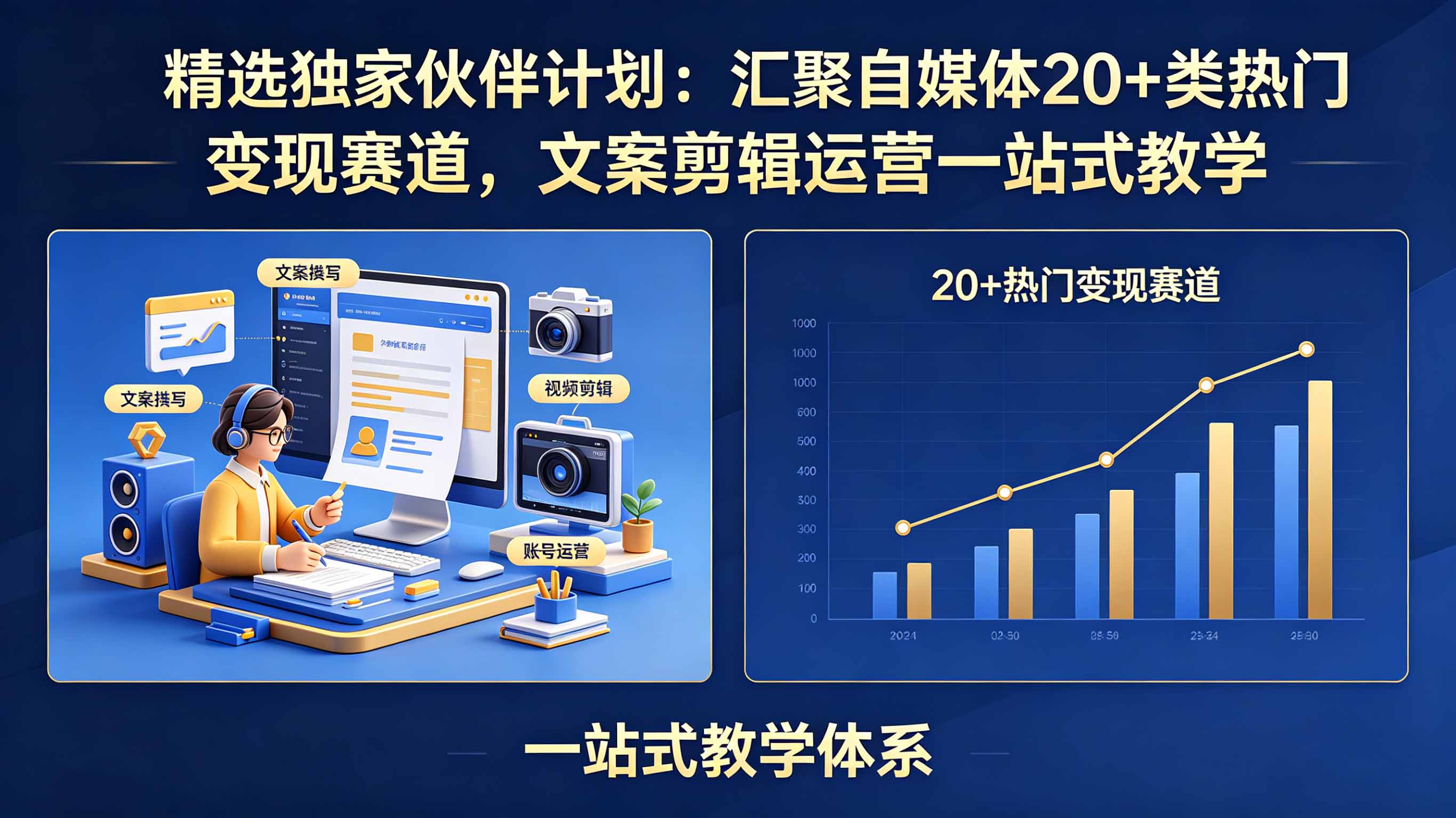 精选独家伙伴计划:汇聚自媒体20+类热门变现赛道,文案剪辑运营一站式教学-聚力云网创