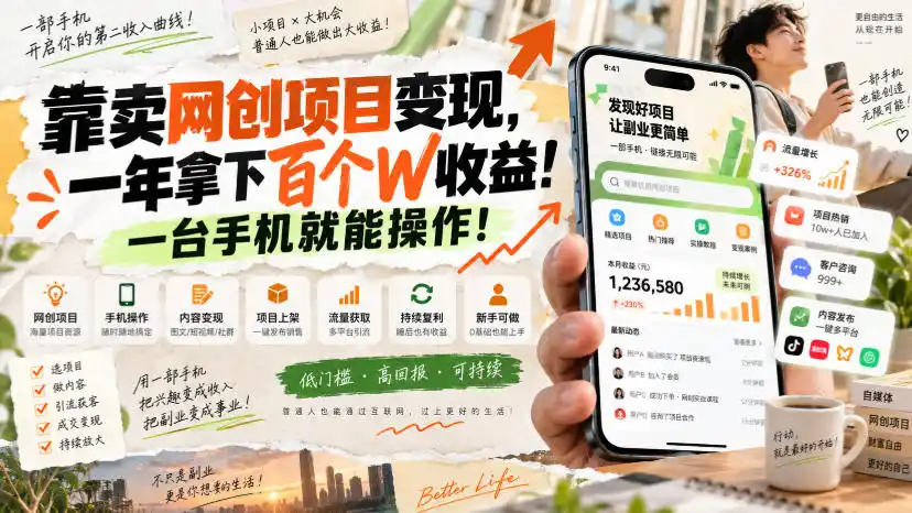 网创小程序虚拟资料变现，一年拿下百万收益，一部手机就可以做，0成本变现副业！-聚力云网创