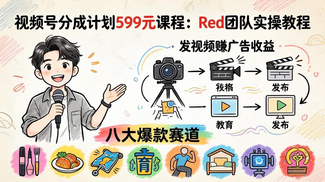 视频号分成计划599元课程：Red团队实操教程，发视频赚广告收益，八大爆款赛道全掌握-聚力云网创