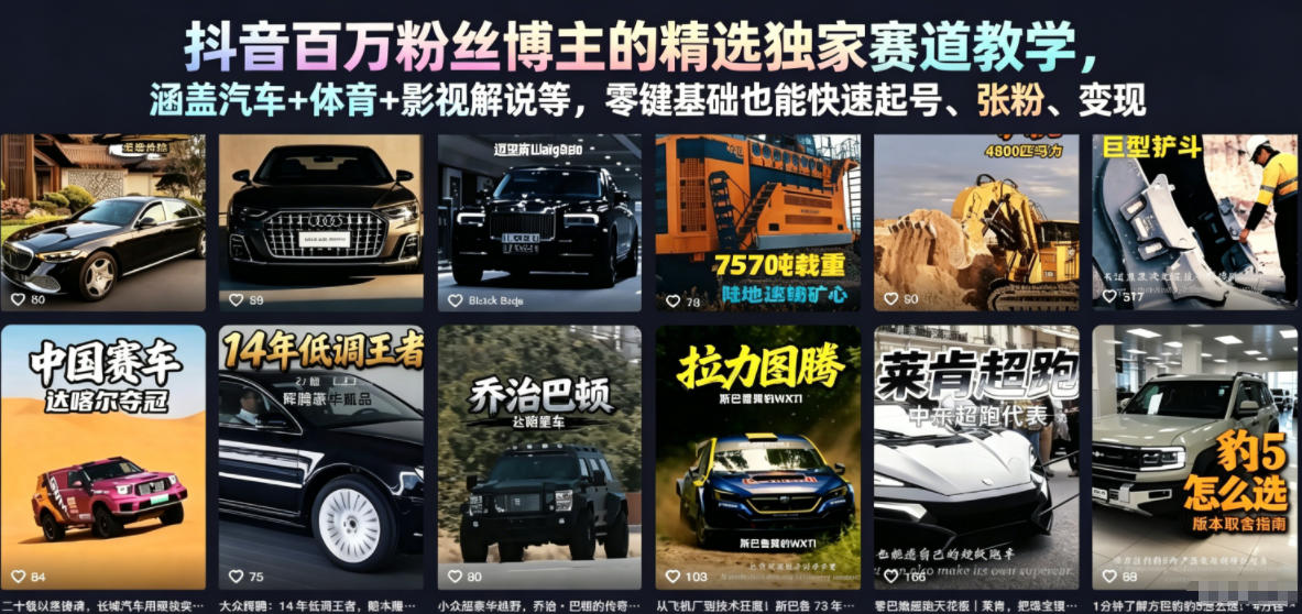 抖音百万粉丝博主的精选独家赛道教学,涵盖汽车+体育+影视解说等,零基础也能快速起号、涨粉、变现-聚力云网创
