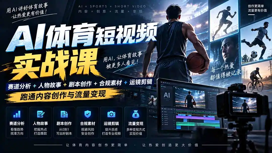 AI体育短视频赛道顶级玩法｜赛道分析+人物故事+剧本创作+版权处理+运镜剪辑，跑通流量变现-日赚1K+-聚力云网创