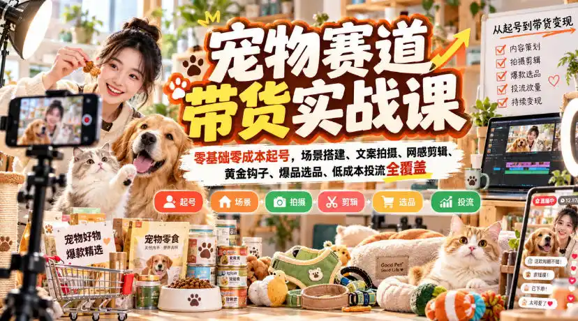 宠物赛道带货实战课,零基础零成本起号,场景搭建、文案拍摄、网感剪辑、黄金钩子、爆品选品、低成本投流全覆盖-聚力云网创
