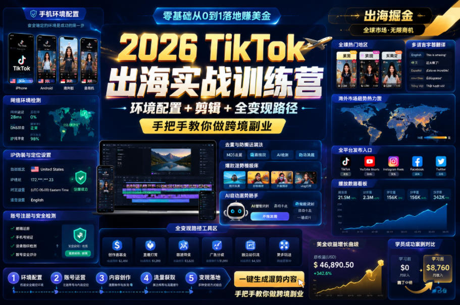 2026 TikTok出海实战训练营，环境配置 + 剪辑 + 全变现路径，手把手教你做跨境副业-聚力云网创