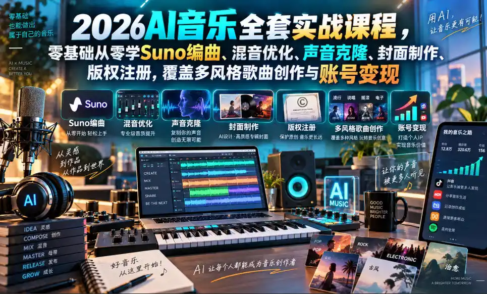 2026AI音乐实战课程，零基础从零学Suno编曲、混音优化、声音克隆、版权注册，覆盖多风格歌曲创作与账号变现-聚力云网创