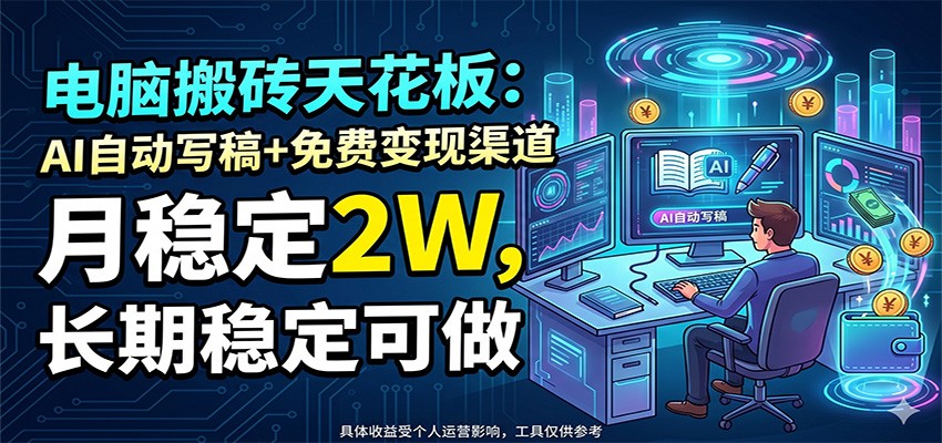 电脑搬砖天花板：AI自动写稿+免费变现渠道，月稳定2W，长期稳定可做-聚力云网创