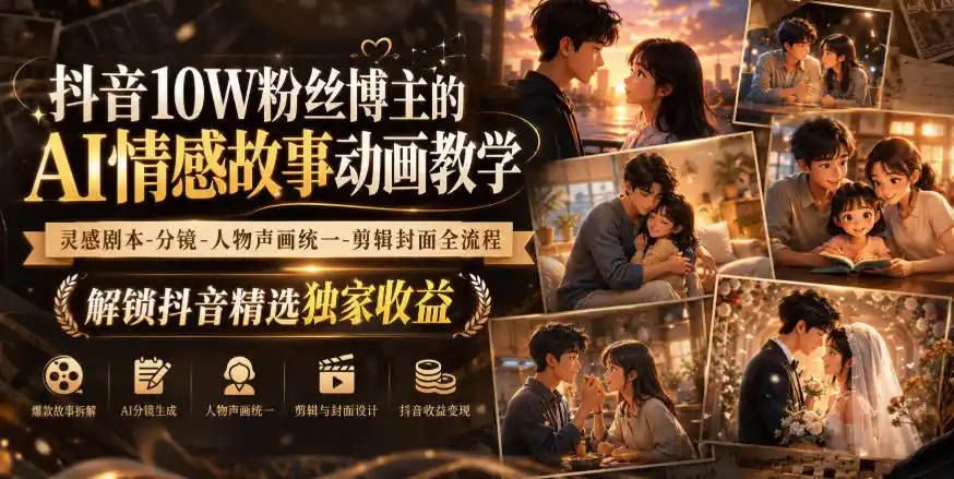 抖音10W粉丝博主的AI情感故事动画教学,灵感剧本‑分镜‑人物声画统一‑剪辑封面全流程,解锁抖音精选独家收益-聚力云网创