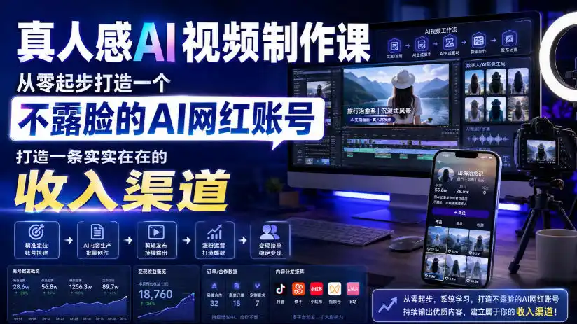 真人感AI视频制作课,从零起步打造一个不露脸的AI网红账号,打造一条实实在在的收入渠道【原创双语字幕】-聚力云网创