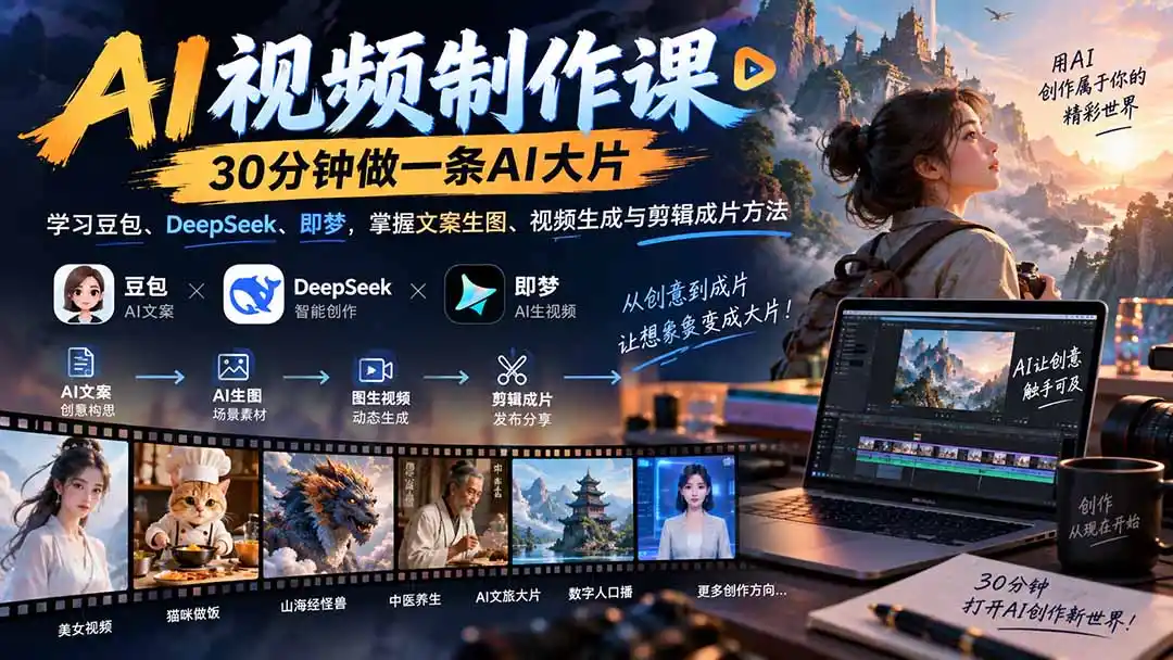 AI视频制作课-30分钟做一条AI大片：学习豆包、DeepSeek、即梦，掌握文案生图、视频生成与剪辑成片方法-聚力云网创
