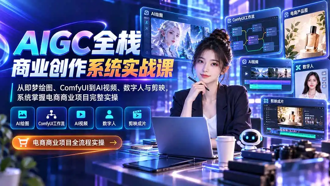 AIGC全栈商业创作系统实战课:从即梦绘图、ComfyUI到AI视频、数字人与剪映,系统掌握电商商业项目完整实操-聚力云网创