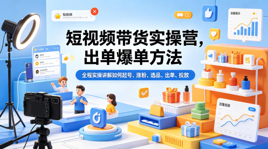 短视频带货实操营，出单爆单方法，全程实操讲解如何起号、涨粉、选品、出单、投放(更新0515)-聚力云网创