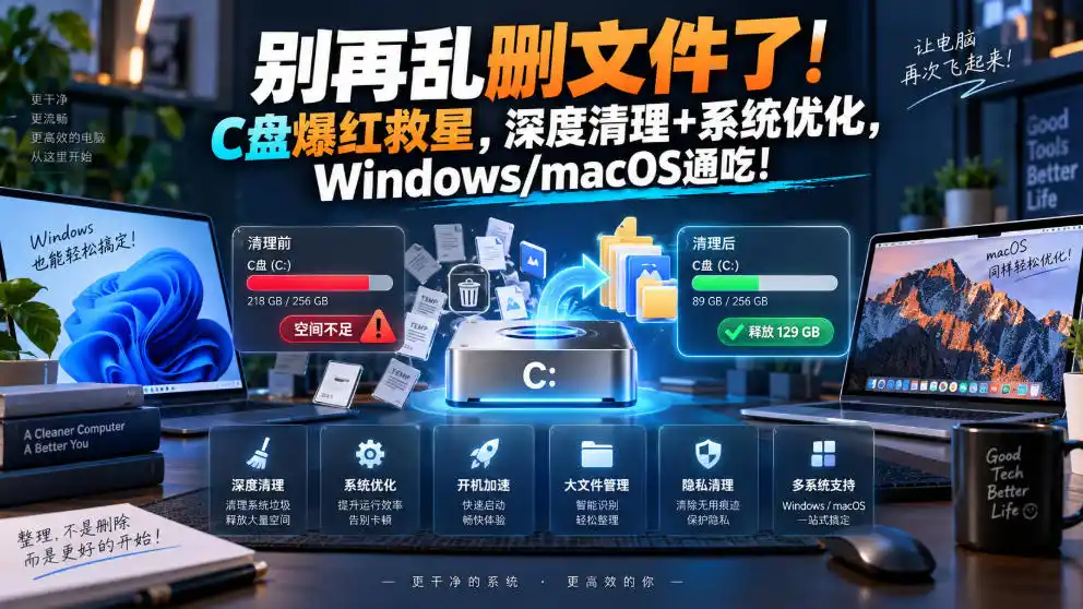 别再乱删文件了!C盘爆红救星,深度清理+系统优化,Windows/macOS通吃!-聚力云网创