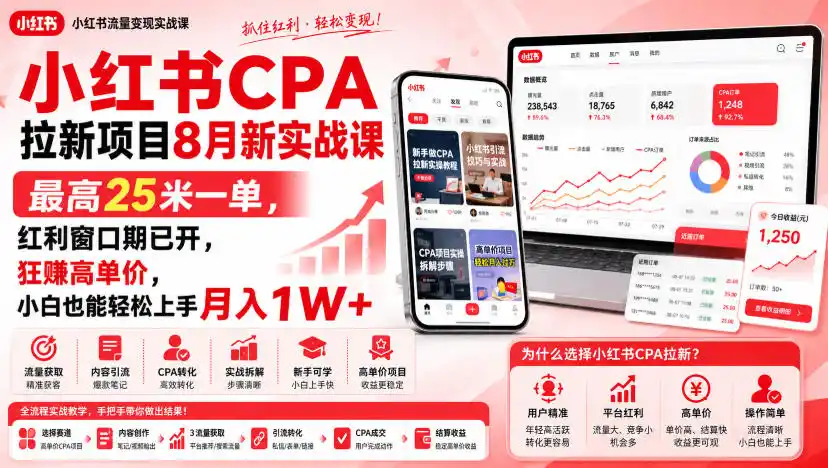 小红书CPA拉新项目8月新实战课，最高25米一单，红利窗口期已开，狂賺高单价，小白也能轻松上手月入1W+(更新0915)-聚力云网创