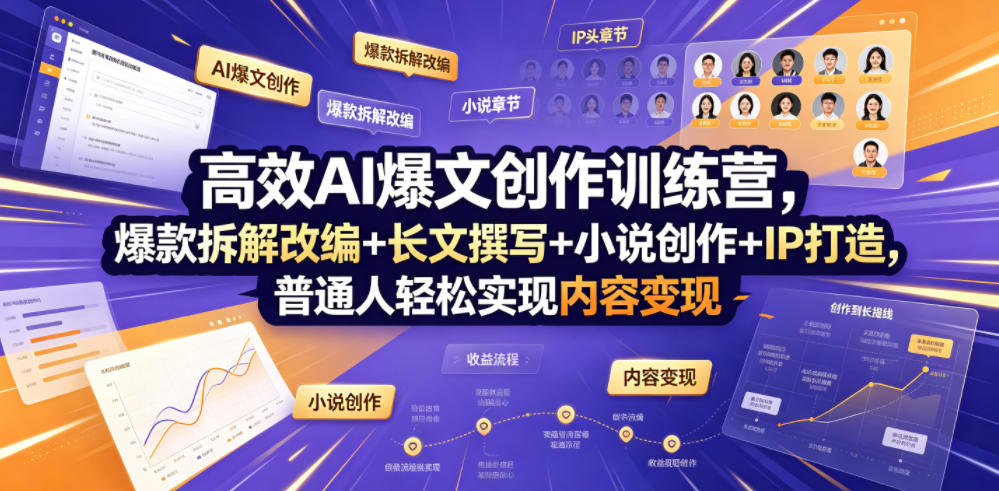 高效AI爆文创作训练营，爆款拆解改编+长文撰写+小说创作+IP打造，普通人轻松实现内容变现-聚力云网创