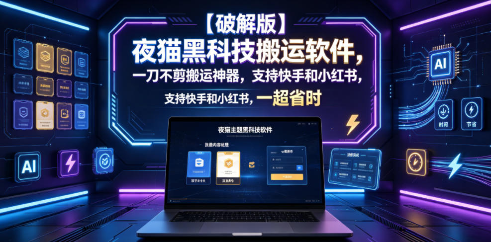 【破解版】夜猫黑科技搬运软件，一刀不剪搬运神器，支持快手和小红书，一键搬运超省时！-聚力云网创