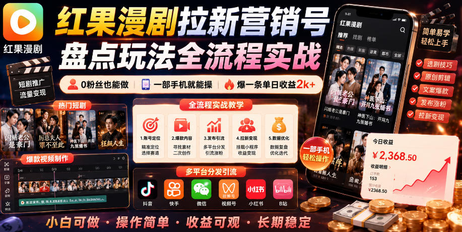 红果漫剧拉新营销号盘点玩法全流程实战，0粉丝也能做，一部手机就能做，爆一条单日收益2k+-聚力云网创