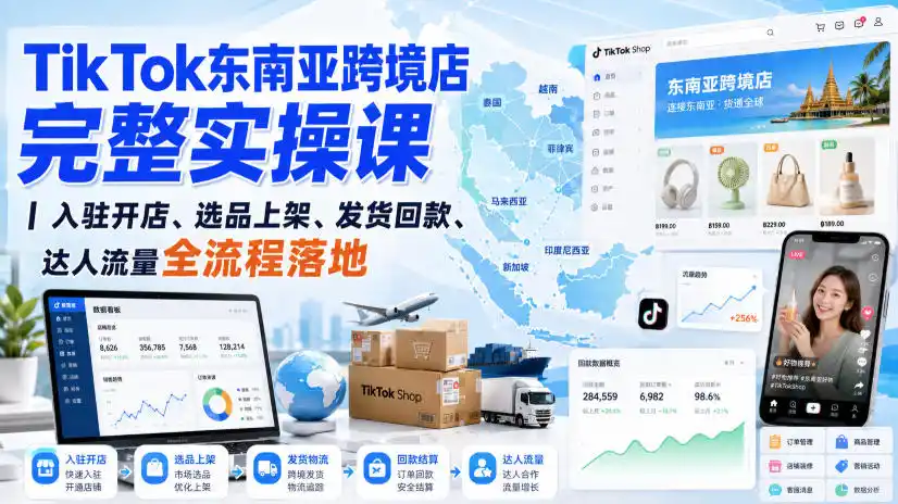 TikTok东南亚跨境店完整实操课|入驻开店、选品上架、发货回款、达人流量全流程落地-聚力云网创