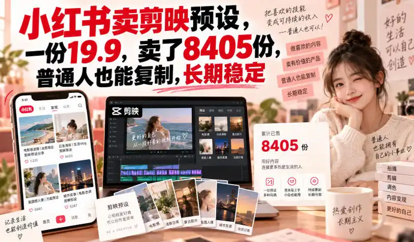 小红书卖剪映预设,一份19.9,卖了8405份,普通人也能复制,长期稳定-聚力云网创
