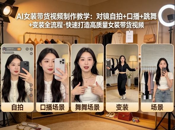 AI女装带货视频制作教学，对镜自拍、口播、跳舞、变装全流程，快速打造高质量女装带货视频-聚力云网创