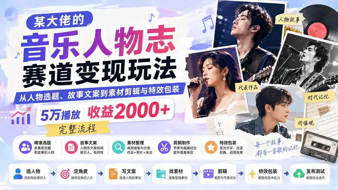 某大佬的音乐人物志赛道变现玩法:从人物选题、故事文案到素材剪辑与特效包装,5万播放收益2000+完整流程-聚力云网创
